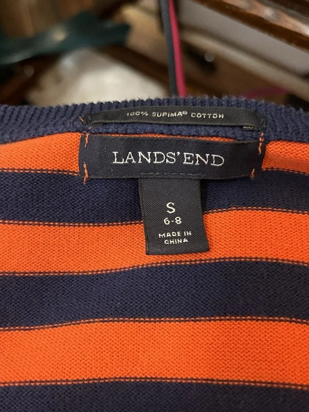 Lands End Supima Cotton Striped Cardigan Sweater Sz S 6-8 Orange Blue Button